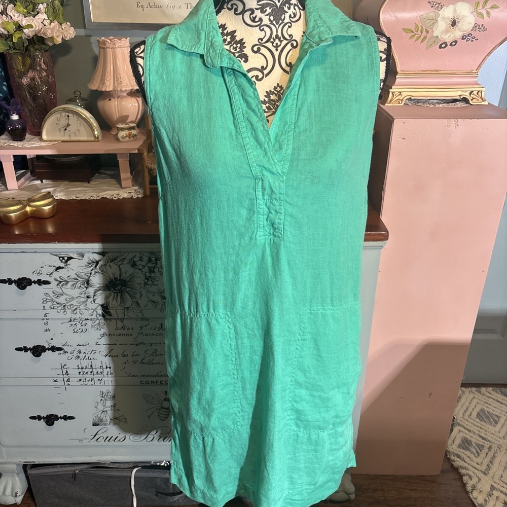 C&C California Green 100 % Linen Sleeveless V Neck Dress Size 4 With Pockets